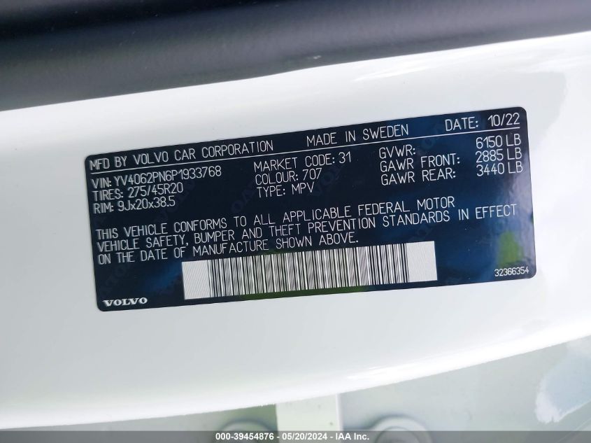 2023 Volvo Xc90 B6 Plus 7-Seater VIN: YV4062PN6P1933768 Lot: 39454876