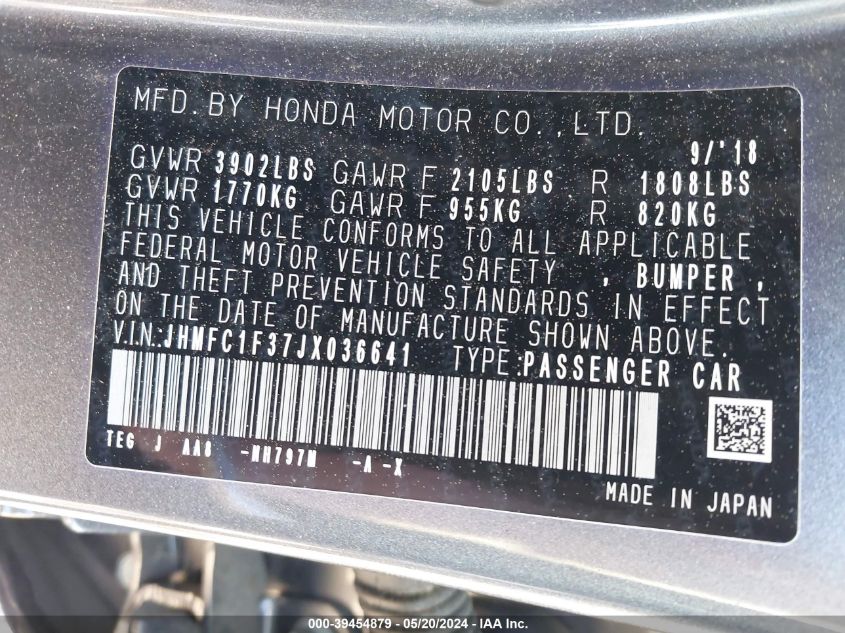 2018 Honda Civic Ex-T VIN: JHMFC1F37JX036641 Lot: 39454879