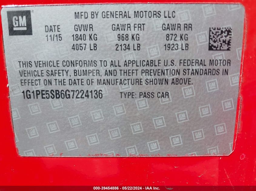 2016 Chevrolet Cruze Limited 1Lt Auto VIN: 1G1PE5SB6G7224136 Lot: 39454886