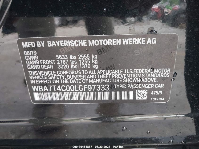 2020 BMW 740I xDrive VIN: WBA7T4C00LGF97333 Lot: 39454887