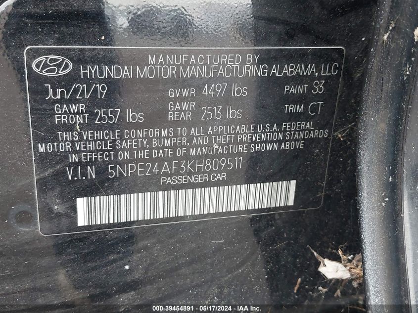 VIN 5NPE24AF3KH809511 2019 HYUNDAI SONATA SE