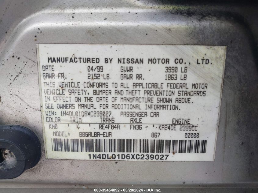1999 Nissan Altima Gle/Gxe/Se/Se-L/Xe VIN: 1N4DL01D6XC239027 Lot: 39454892