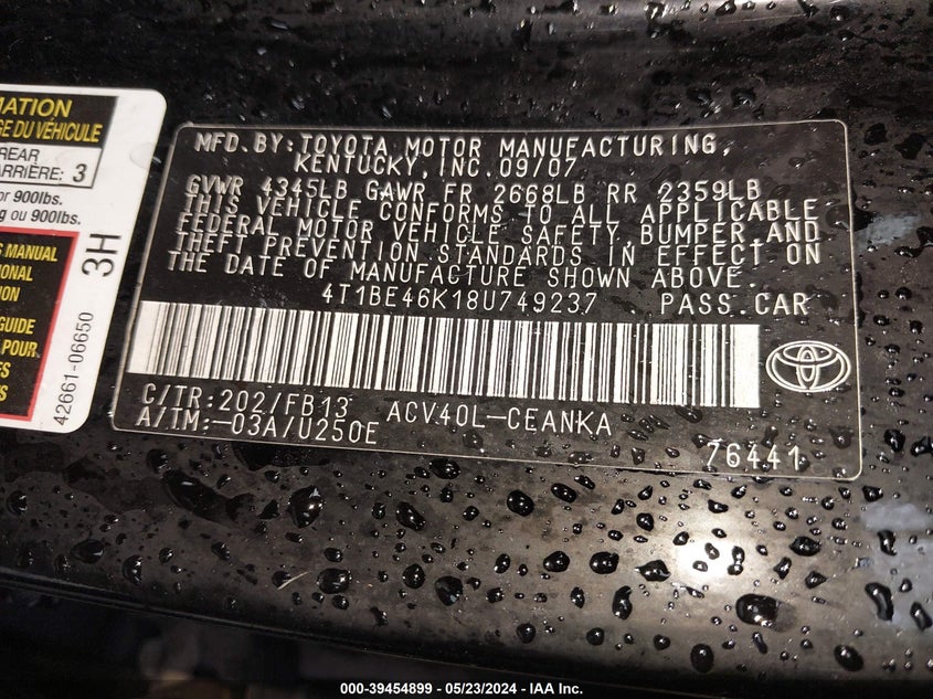 2008 Toyota Camry Le VIN: 4T1BE46K18U749237 Lot: 39454899