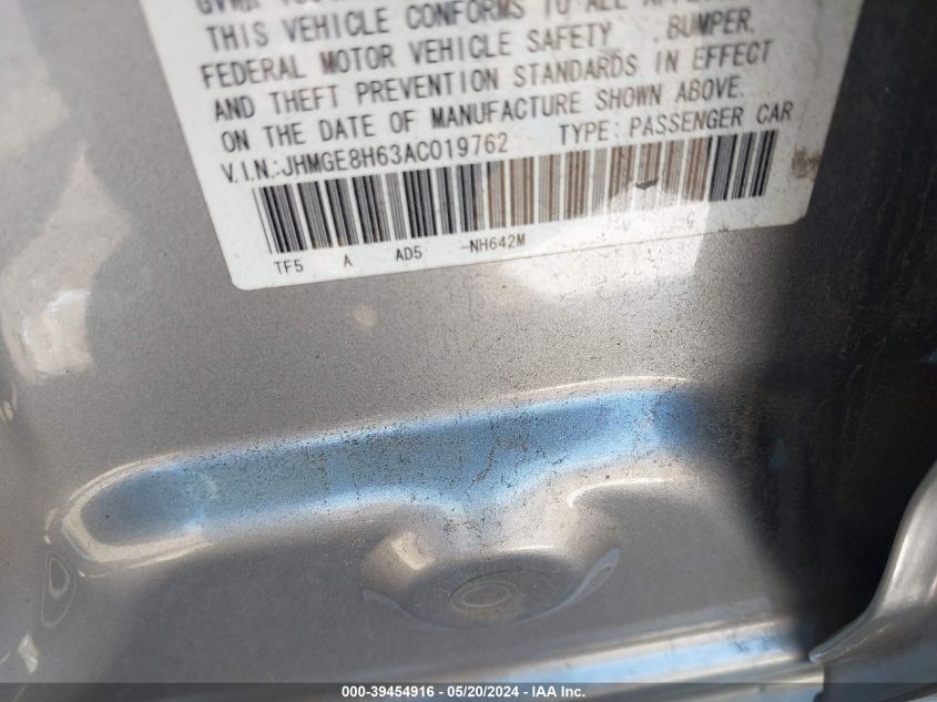 2010 Honda Fit Sport VIN: JHMGE8H63AC019762 Lot: 39454916