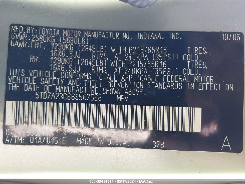 2006 Toyota Sienna Le VIN: 5TDZA23C66S567566 Lot: 39454917