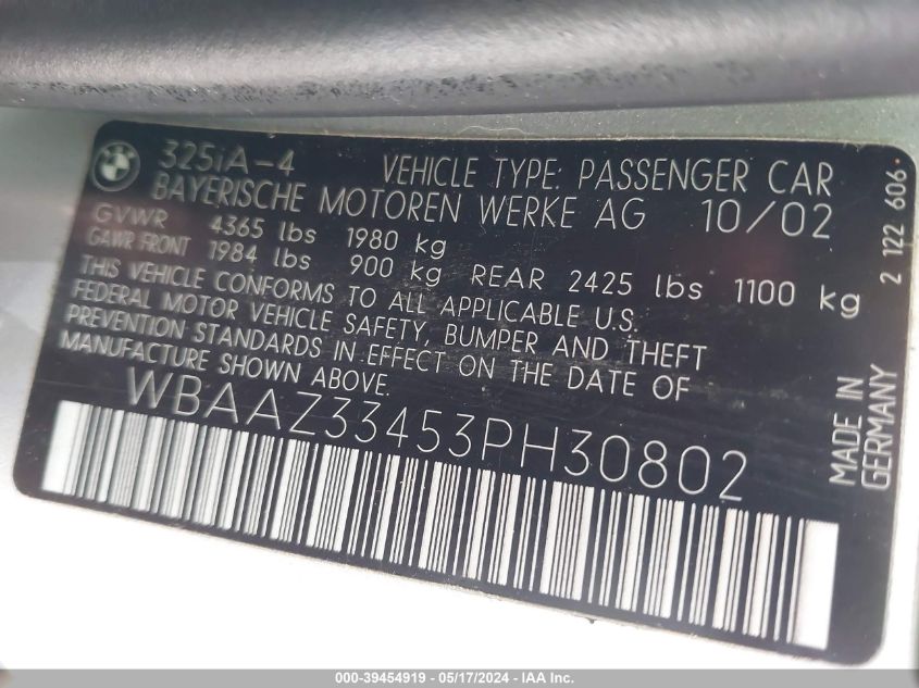 2003 BMW 325I VIN: WBAAZ33453PH30802 Lot: 39454919