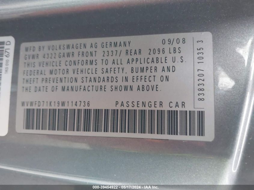 2009 Volkswagen Gti 2-Door VIN: WVWFD71K19W114736 Lot: 39454922