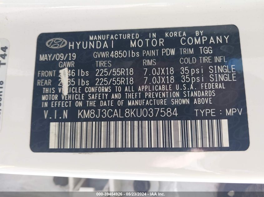 2019 Hyundai Tucson Sel VIN: KM8J3CAL8KU037584 Lot: 39454926