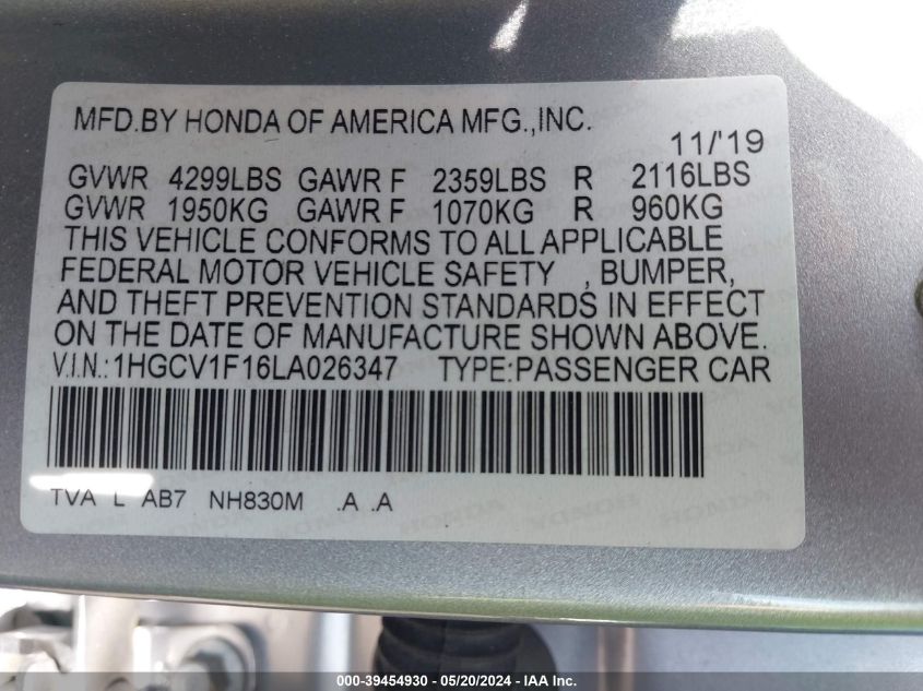 2020 Honda Accord Lx VIN: 1HGCV1F16LA026347 Lot: 39454930