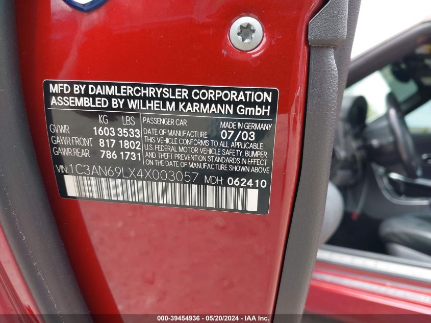 2004 Chrysler Crossfire VIN: 1C3AN69LX4X003057 Lot: 39454936