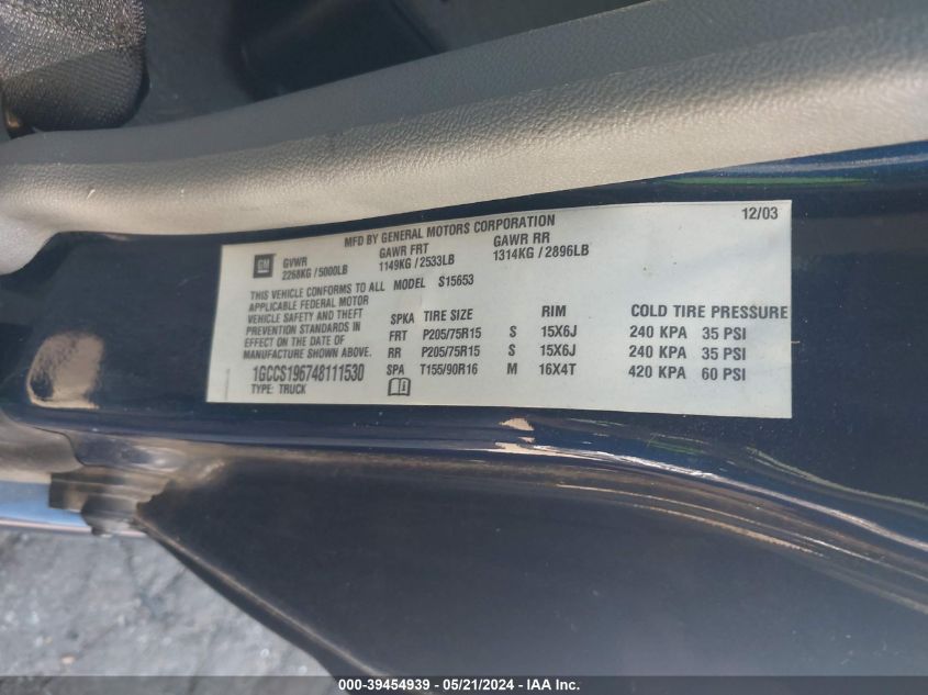 2004 Chevrolet Colorado VIN: 1GCCS196748111530 Lot: 39454939