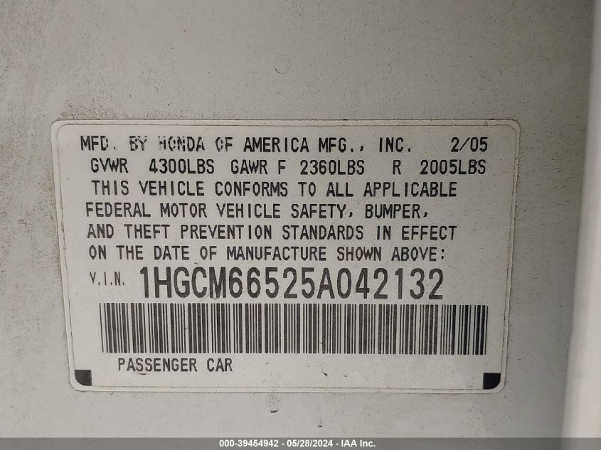 2005 Honda Accord Ex VIN: 1HGCM66525A042132 Lot: 39454942