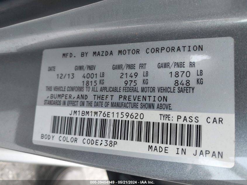 2014 Mazda Mazda3 I Grand Touring VIN: JM1BM1M76E1159620 Lot: 39454949