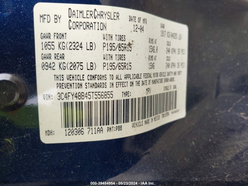 2005 Chrysler Pt Cruiser VIN: 3C4FY48B45T556855 Lot: 39454954