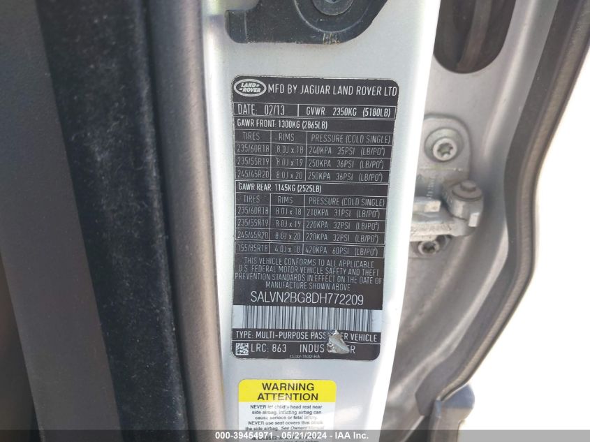 2013 Land Rover Range Rover Evoque Pure VIN: SALVN2BG8DH772209 Lot: 39454971