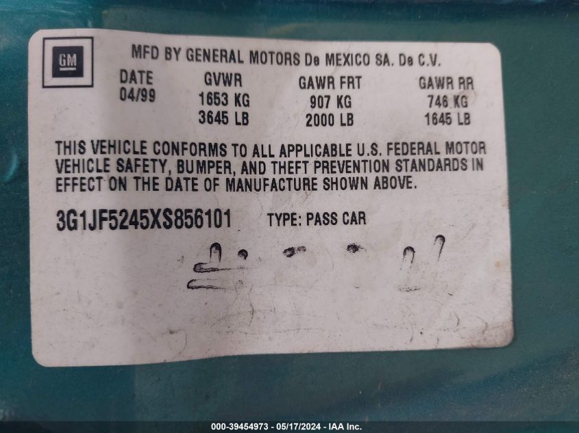 1999 Chevrolet Cavalier Ls VIN: 3G1JF5245XS856101 Lot: 39454973