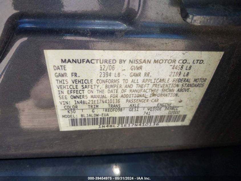 2007 Nissan Altima 3.5 Se VIN: 1N4BL21E17N410136 Lot: 39454975