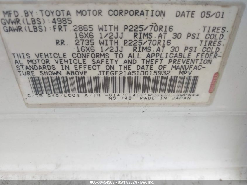 JTEGF21A510015932 2001 Toyota Highlander V6