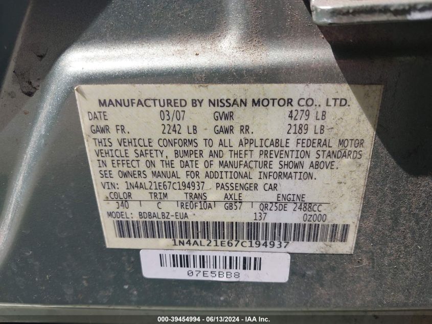 2007 Nissan Altima 2.5 S VIN: 1N4AL21E67C194937 Lot: 39454994