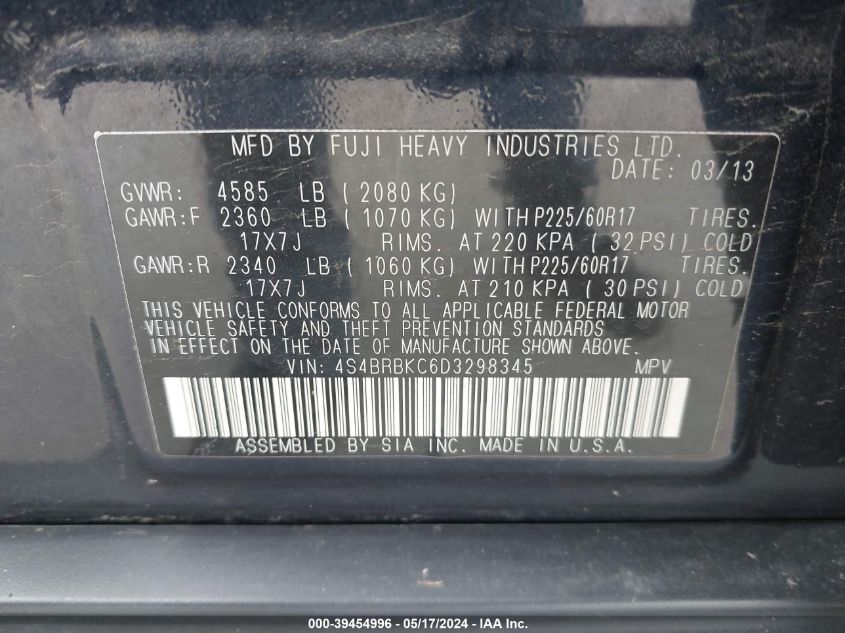 2013 Subaru Outback 2.5I Limited VIN: 4S4BRBKC6D3298345 Lot: 39454996