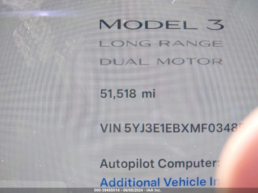 2021 Tesla Model 3 Long Range Dual Motor All-Wheel Drive VIN: 5YJ3E1EBXMF034856 Lot: 39455014