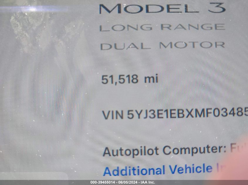 2021 Tesla Model 3 Long Range Dual Motor All-Wheel Drive VIN: 5YJ3E1EBXMF034856 Lot: 39455014