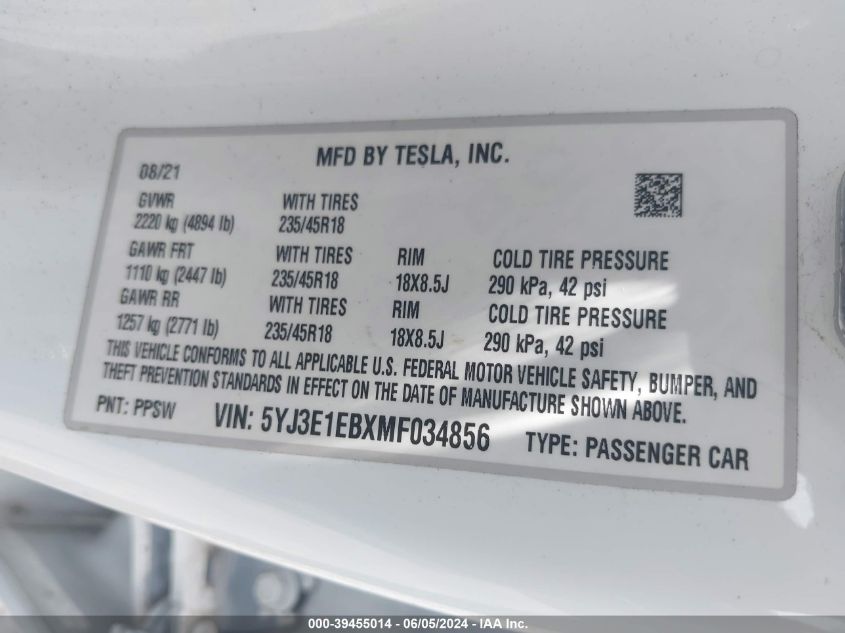 2021 Tesla Model 3 Long Range Dual Motor All-Wheel Drive VIN: 5YJ3E1EBXMF034856 Lot: 39455014