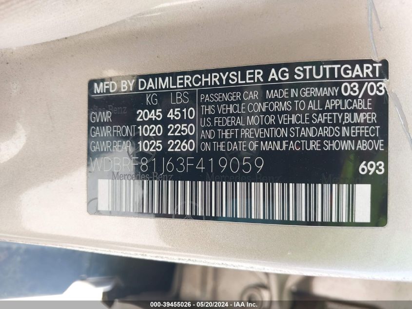 2003 Mercedes-Benz C 240 VIN: WDBRF81J63F419059 Lot: 39455026