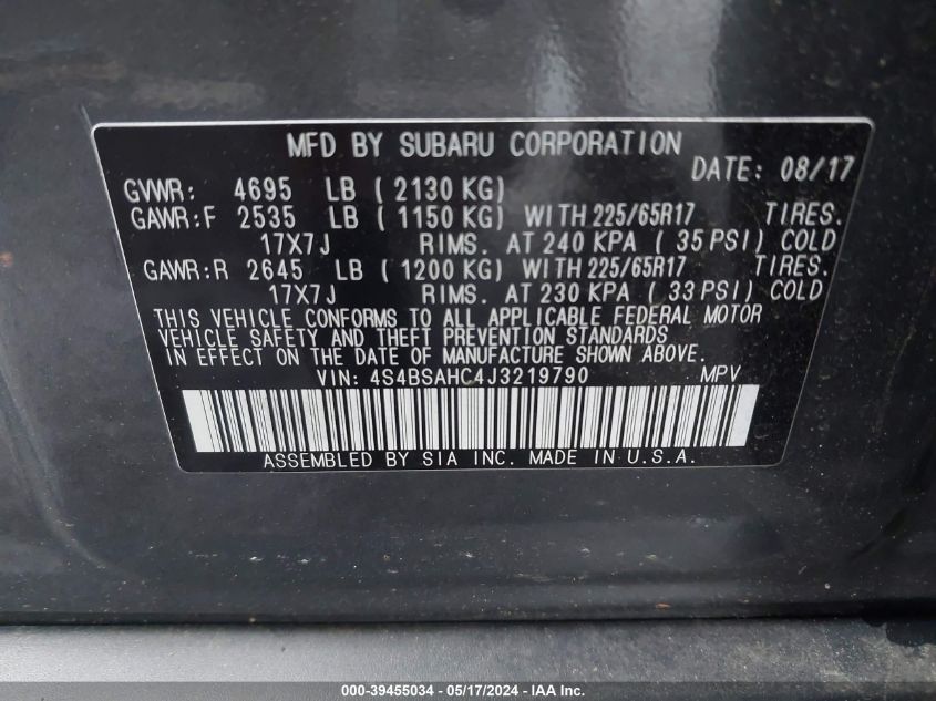 2018 Subaru Outback 2.5I Premium VIN: 4S4BSAHC4J3219790 Lot: 39455034