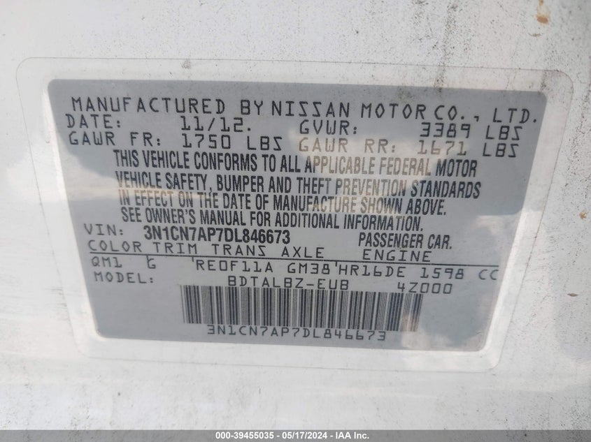 2013 Nissan Versa 1.6 Sv VIN: 3N1CN7AP7DL846673 Lot: 39455035