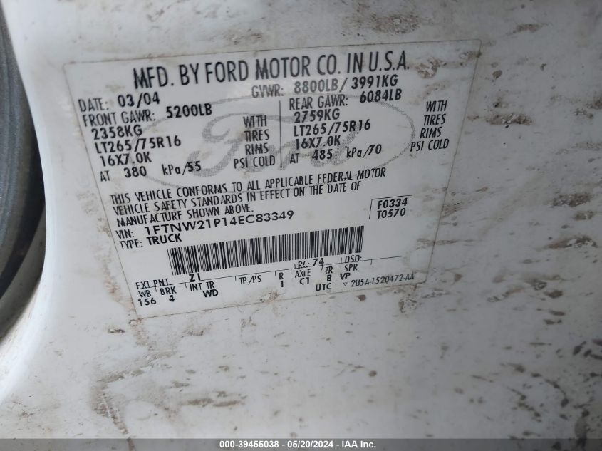 2004 Ford F250 Super Duty VIN: 1FTNW21P14EC83349 Lot: 39455038