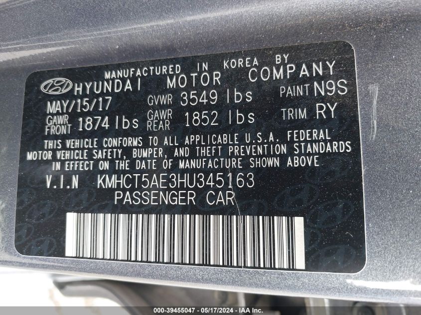 2017 Hyundai Accent Se VIN: KMHCT5AE3HU345163 Lot: 39455047