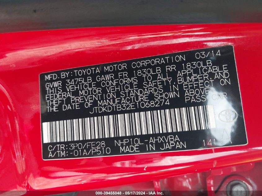 2014 Toyota Prius C One VIN: JTDKDTB32E1068274 Lot: 39455048