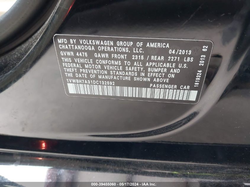 2013 Volkswagen Passat 2.5L Se VIN: 1VWBH7A31DC132592 Lot: 39455060