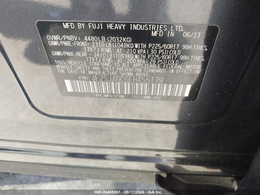 2014 Subaru Forester 2.5I Premium VIN: JF2SJADC0EH455179 Lot: 39455061