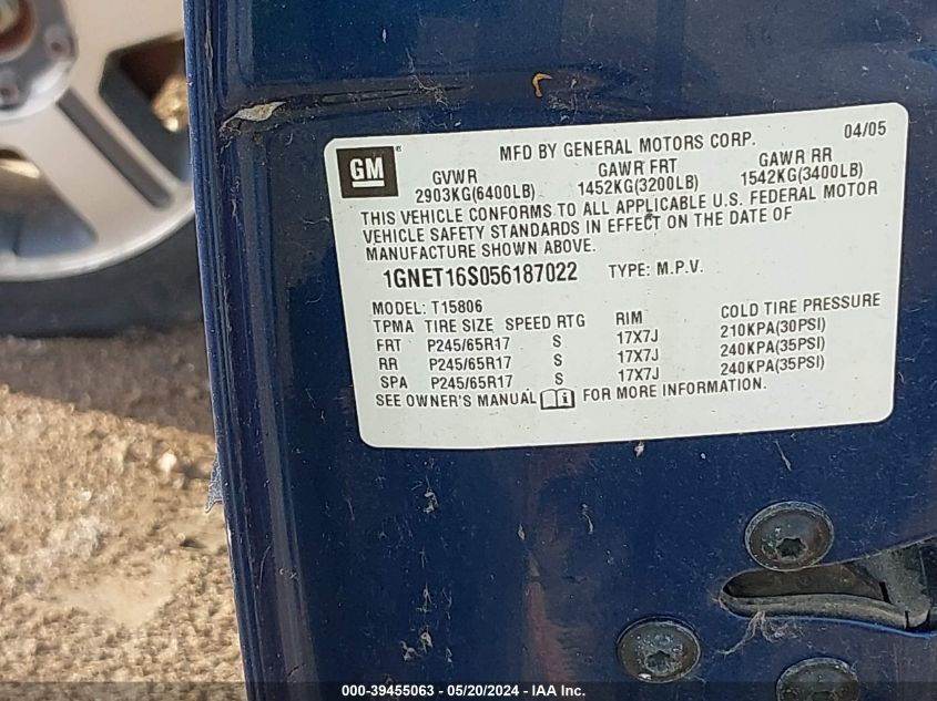 2005 Chevrolet Trailblazer Ext Ls VIN: 1GNET16S056187022 Lot: 39455063