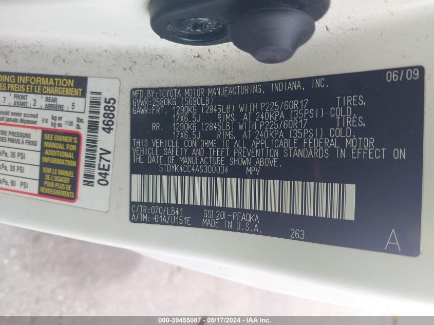 2010 Toyota Sienna Xle VIN: 5TDYK4CC4AS300004 Lot: 39455087