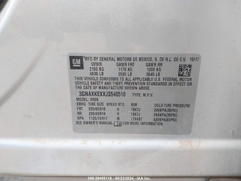 2018 Chevrolet Equinox Lt VIN: 3GNAXKEXXJS540510 Lot: 39455119
