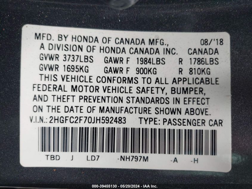 2018 Honda Civic Ex VIN: 2HGFC2F70JH592483 Lot: 39455130