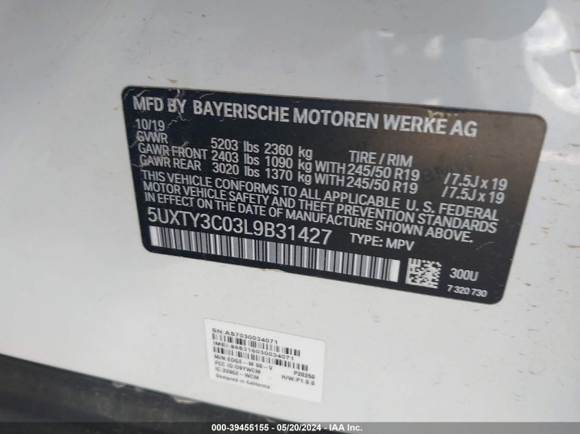 2020 BMW X3 Sdrive30I VIN: 5UXTY3C03L9B31427 Lot: 39455155