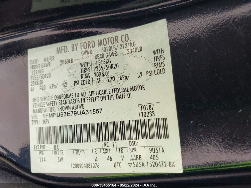 2009 Ford Explorer Xlt VIN: 1FMEU63E79UA31557 Lot: 39455164