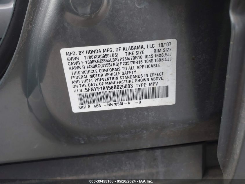 2008 Honda Pilot Ex VIN: 5FNYF18458B025083 Lot: 39455168