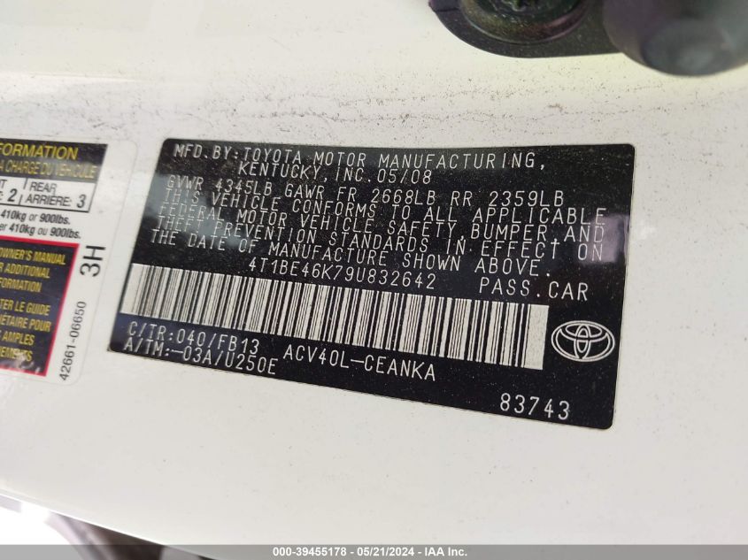 2009 Toyota Camry VIN: 4T1BE46K79U832642 Lot: 39455178