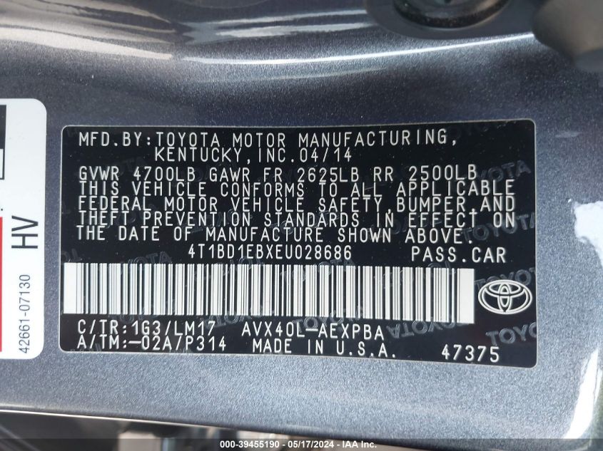 2014 Toyota Avalon Hybrid Limited VIN: 4T1BD1EBXEU028686 Lot: 39455190