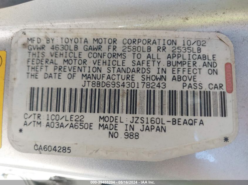 2003 Lexus Gs 300 VIN: JT8BD69S430178243 Lot: 39455204