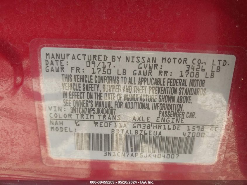 2018 Nissan Versa 1.6 Sv VIN: 3N1CN7AP5JK404007 Lot: 39455209