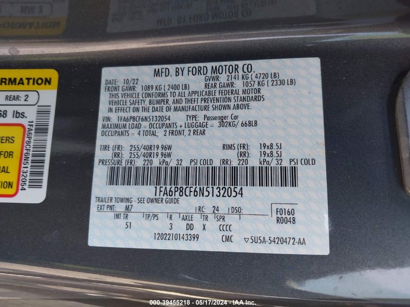 2022 Ford Mustang Gt Premium Fastback VIN: 1FA6P8CF6N5132054 Lot: 39455218