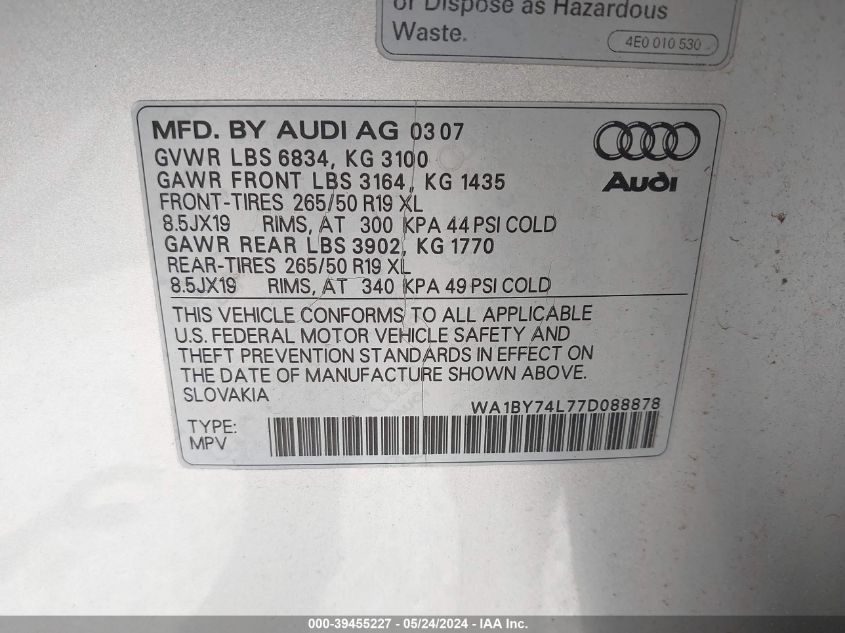 2007 Audi Q7 3.6 Premium VIN: WA1BY74L77D088878 Lot: 39455227