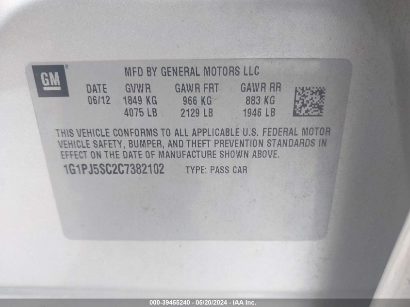 2012 Chevrolet Cruze Eco VIN: 1G1PJ5SC2C7382102 Lot: 39455240