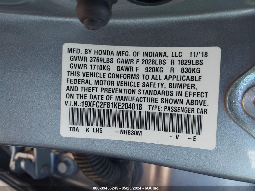 2019 Honda Civic Sport VIN: 19XFC2F81KE204018 Lot: 39455245